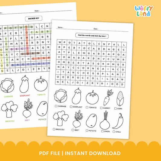 Vegetables Word Search Puzzle ESL Sub Plan - Healthy Eating Worksheet Activity