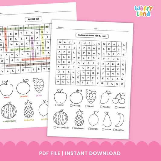 Fruits Word Search Puzzle ESL Sub Plan - Healthy Eating Worksheet Activity