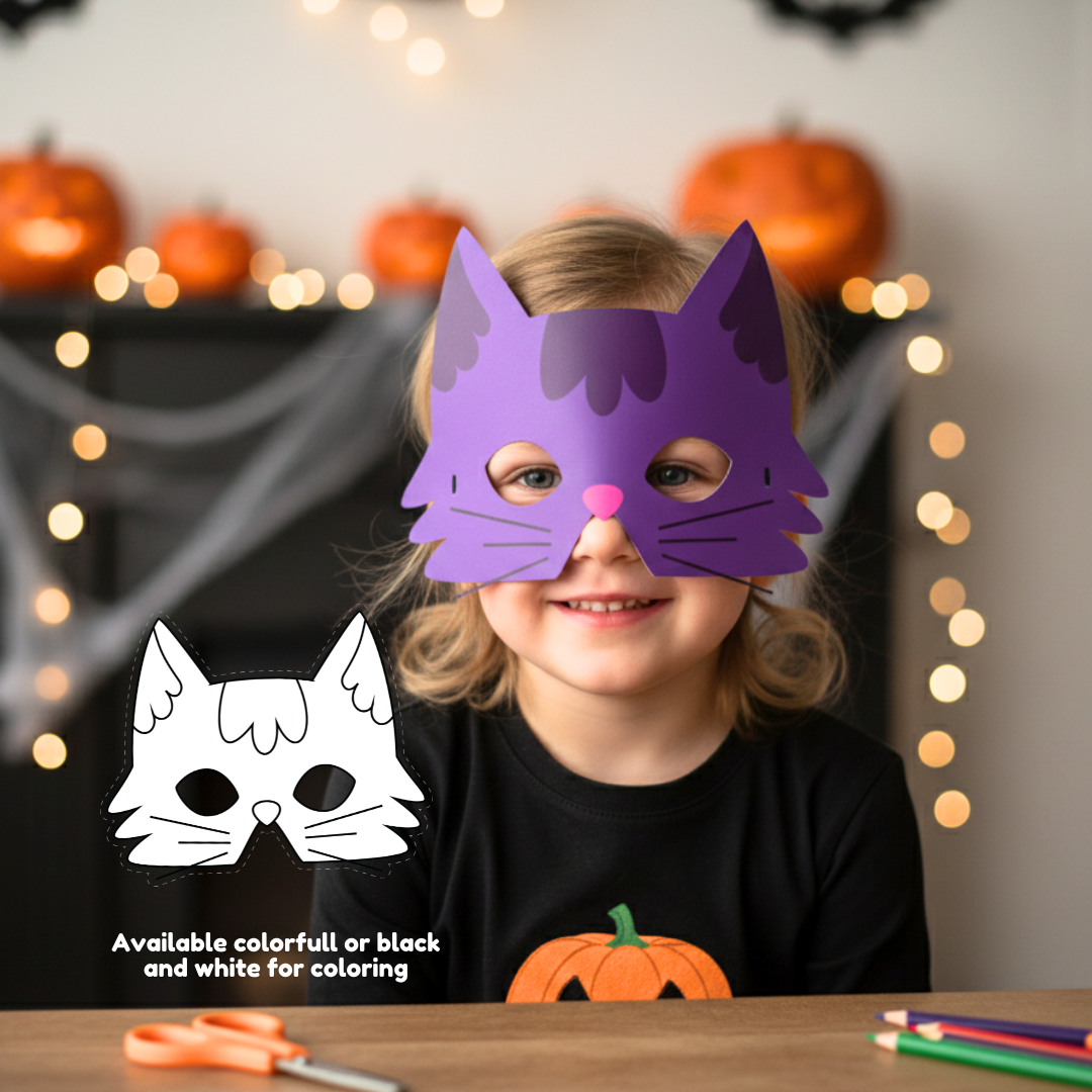 Halloween Black Cat Paper Mask – Printable Craft (Color + B&W)