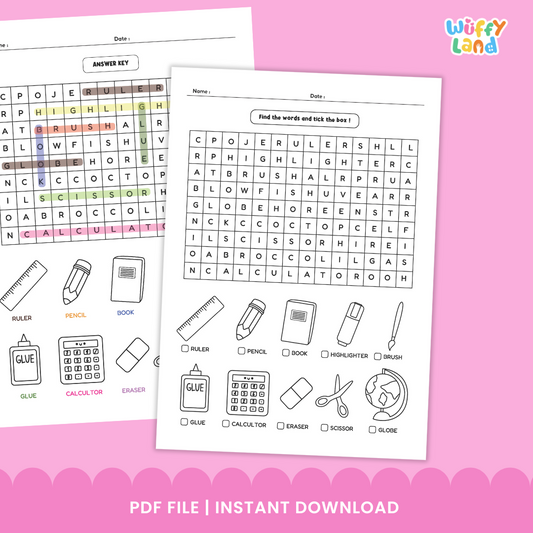 Stationary Word Search Puzzle ESL Sub Plan - Back to School Worksheet Activity