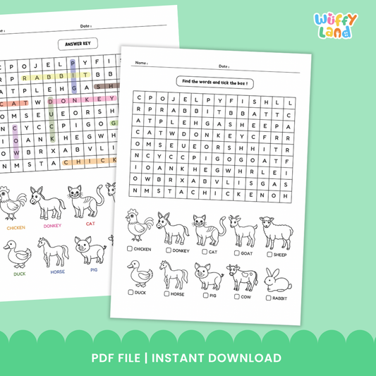 Farm Animal Word Search Puzzle ESL Sub Plan - Fun Worksheet Activity