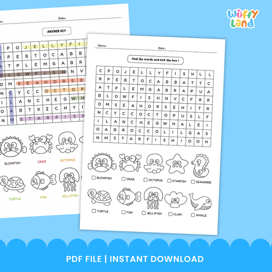 Sea Animal Word Search Puzzle ESL Sub Plan - Ocean Worksheet Activity