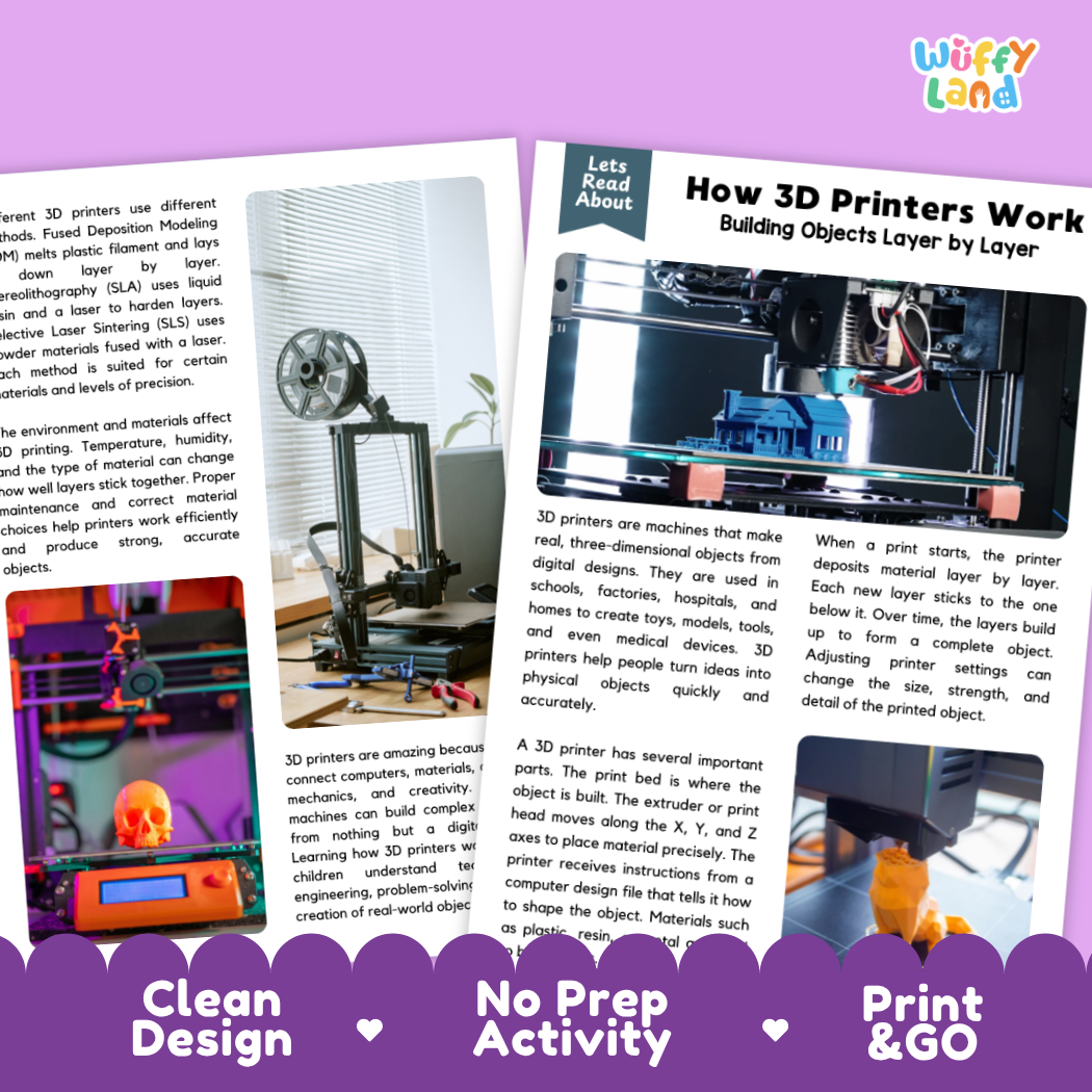 Complete teacher answer key worksheet providing detailed model responses for 3D printer comprehension questions