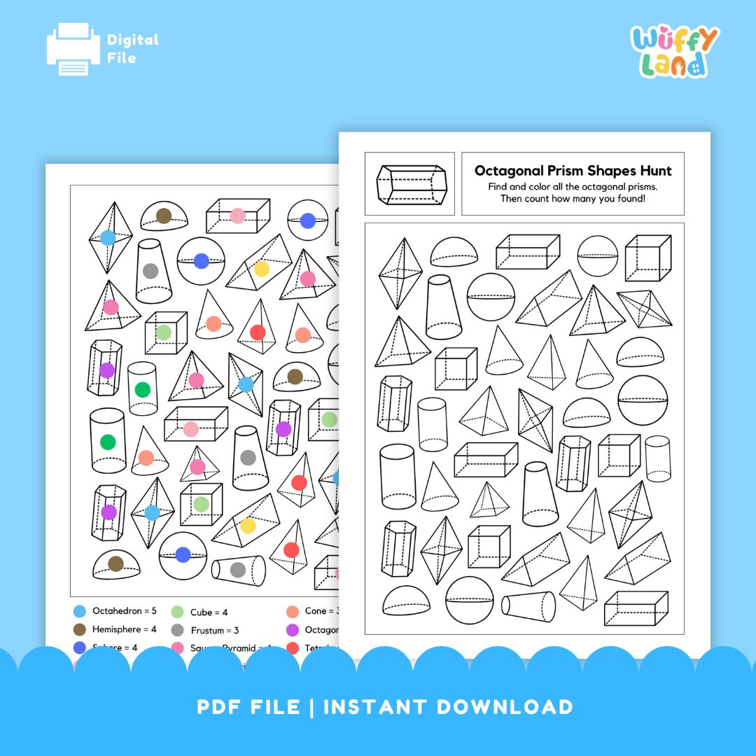 Two 3D shape hunt worksheets for kids: one features an octagonal prism search activity asking students to find and color all octagonal prisms, and the other shows a completed color key identifying various 3D shapes such as cubes, cones, spheres, and pyramids.