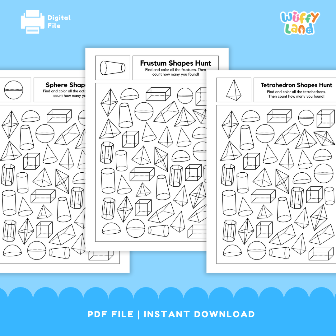 Set of black-and-white 3D shape hunt worksheets featuring spheres, frustums, and tetrahedrons. Each page asks students to find and color all examples of a specific shape and count how many they locate.