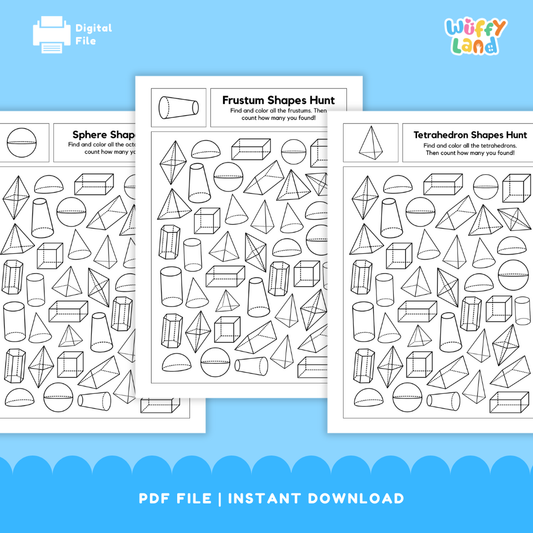 Set of black-and-white 3D shape hunt worksheets featuring spheres, frustums, and tetrahedrons. Each page asks students to find and color all examples of a specific shape and count how many they locate.
