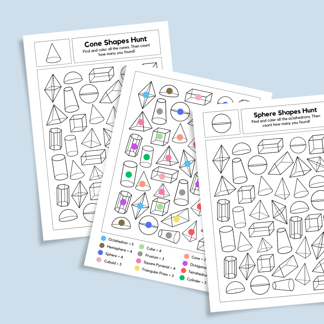 Three printable worksheets for a 3D shapes hunt activity titled “Octahedron Shapes Hunt” and “Hemisphere Shapes Hunt.” The pages feature outlines of various geometric solids like cylinders, cones, cubes, pyramids, and spheres. One sheet shows colored shapes with a color key at the bottom, while the others are black-and-white for coloring practice. Designed for teaching shape recognition and counting in elementary math.