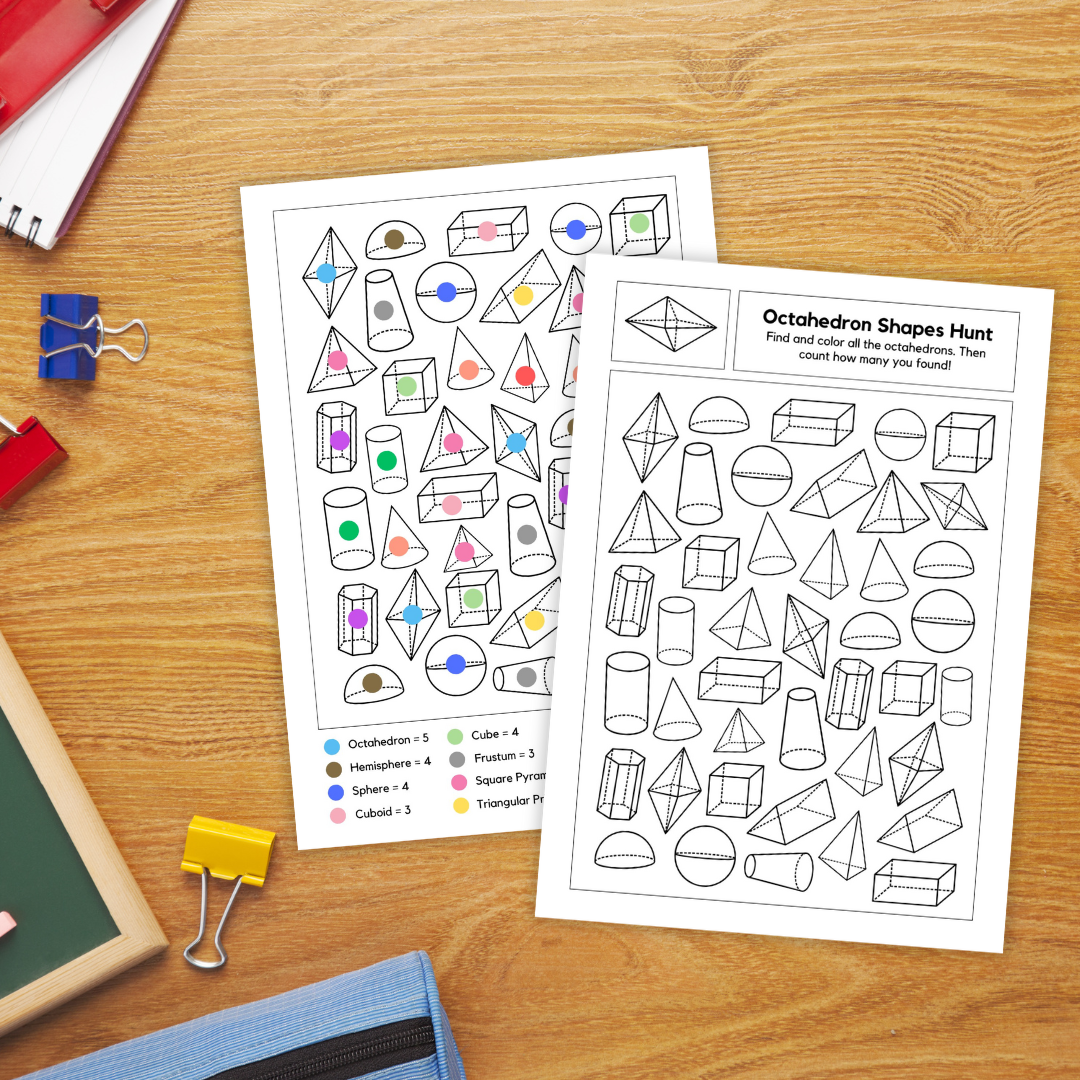 Three printable worksheets for a 3D shapes hunt activity titled “Octahedron Shapes Hunt” and “Hemisphere Shapes Hunt.” The pages feature outlines of various geometric solids like cylinders, cones, cubes, pyramids, and spheres. One sheet shows colored shapes with a color key at the bottom, while the others are black-and-white for coloring practice. Designed for teaching shape recognition and counting in elementary math.