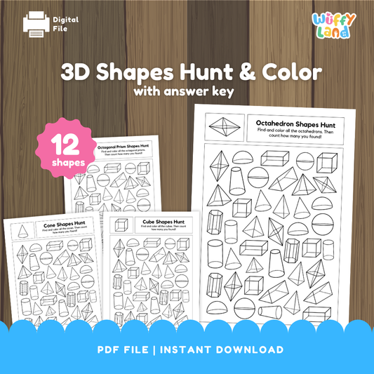 Set of printable 3D shape hunt and color worksheets featuring 12 geometric solids including cubes, cones, octagonal prisms, and octahedrons. Each page invites kids to find and color specific shapes, with an answer key included for easy reference.