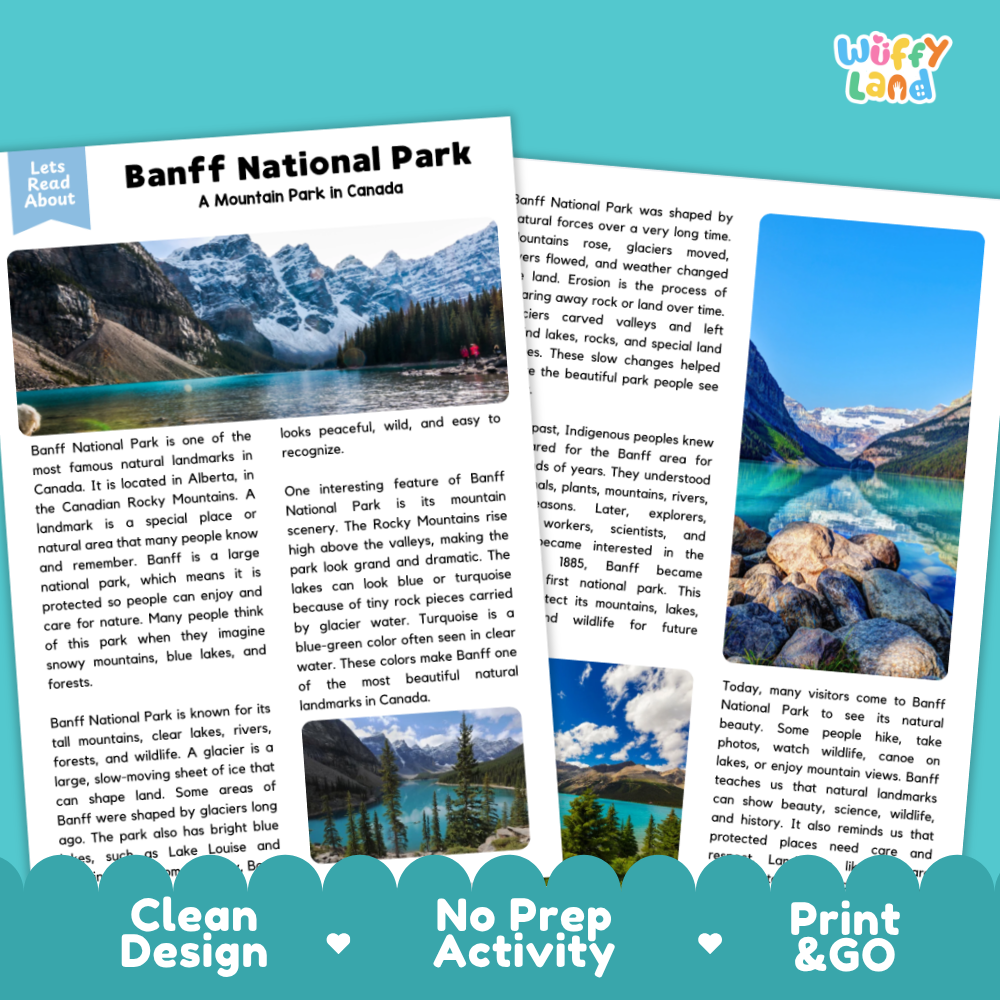 Banff National Park Landmark Reading Passage and Comprehension Questions Worksheets