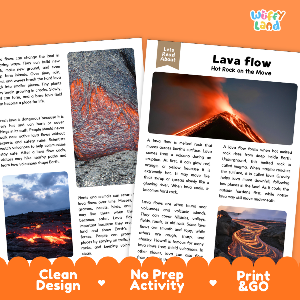 Teacher answer key page showing complete question solutions for lava flow reading comprehension practice