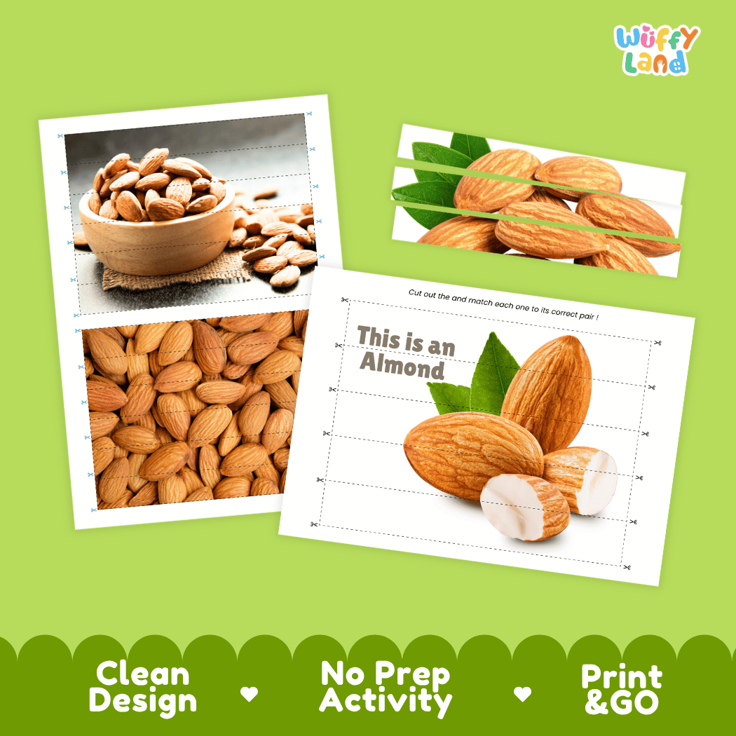 Almond Cut and Match Activity Worksheets | Nuts and Dried Fruits Puzzle Printables