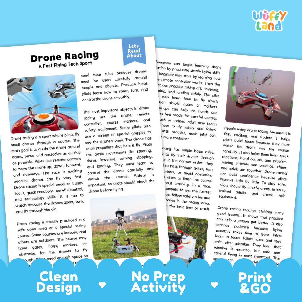 Drone Racing Sports Reading Passages Worksheets and Comprehension Activity
