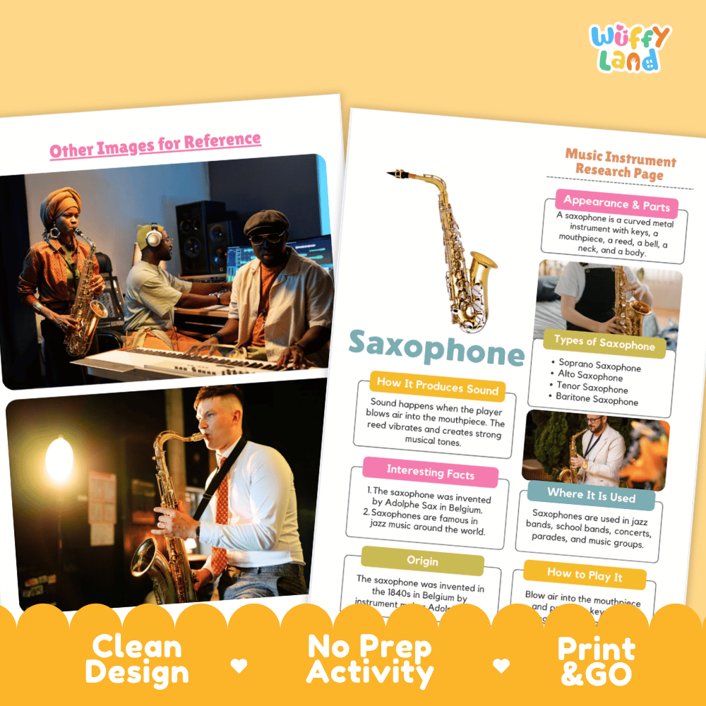 Saxophone Music Research Page Worksheets