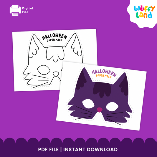 Halloween Black Cat Paper Mask – Printable Craft (Color + B&W)