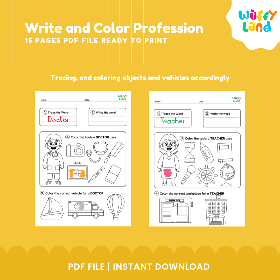 Professions Coloring & Writing β 15 Printable Pages