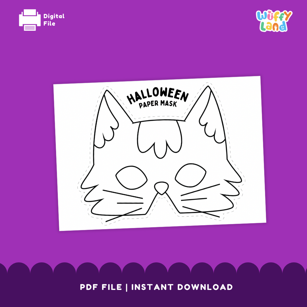 Halloween Black Cat Paper Mask – Printable Craft (Color + B&W)