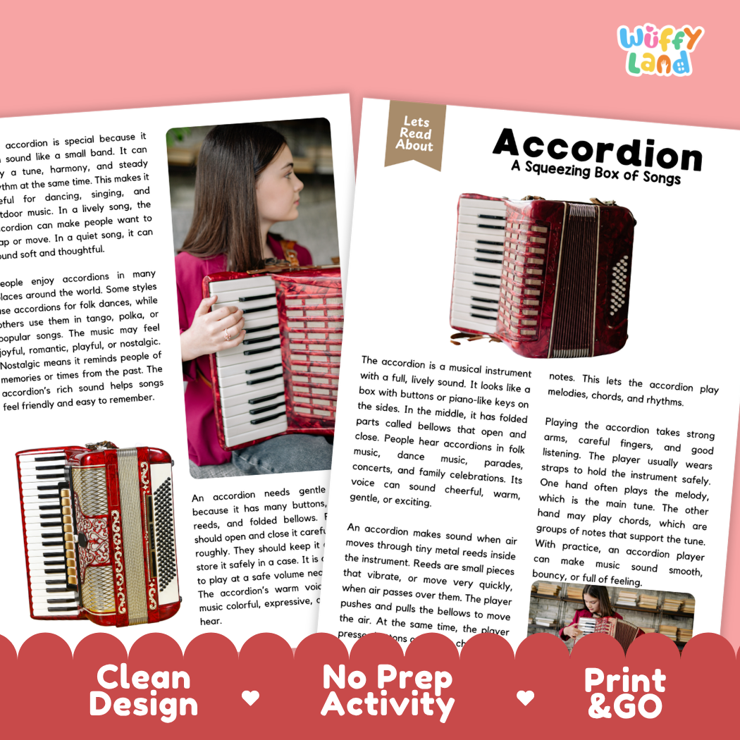 Teacher answer key page showing complete question solutions for Accordion music education reading comprehension practice