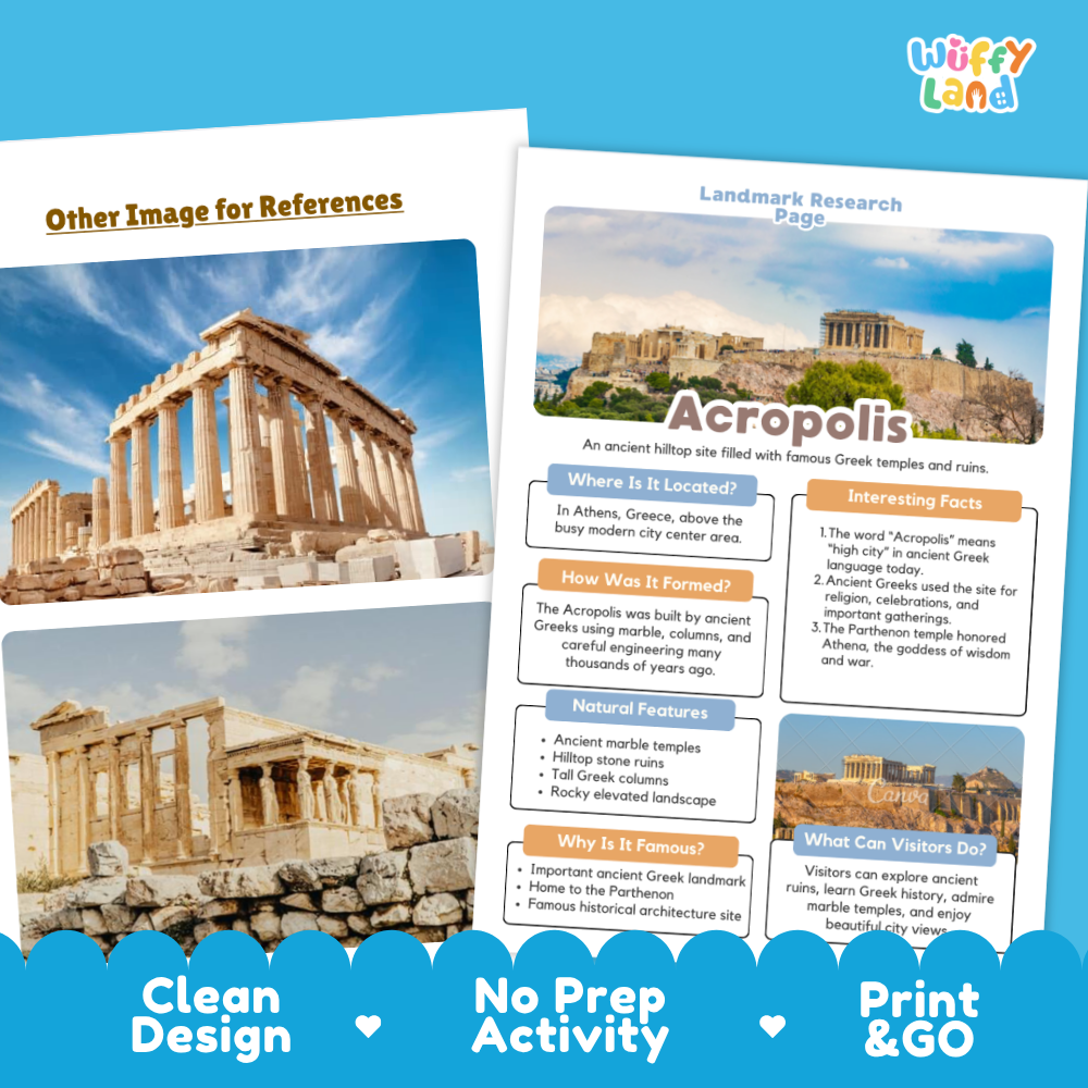 Two educational activity sheets for learning about Acropolis landmarks in Athens, Greece, displayed on a blue background with decorative text banners at the bottom. The sheets feature a clean design, a landscape photo of the Acropolis, and text boxes with questions and answers.