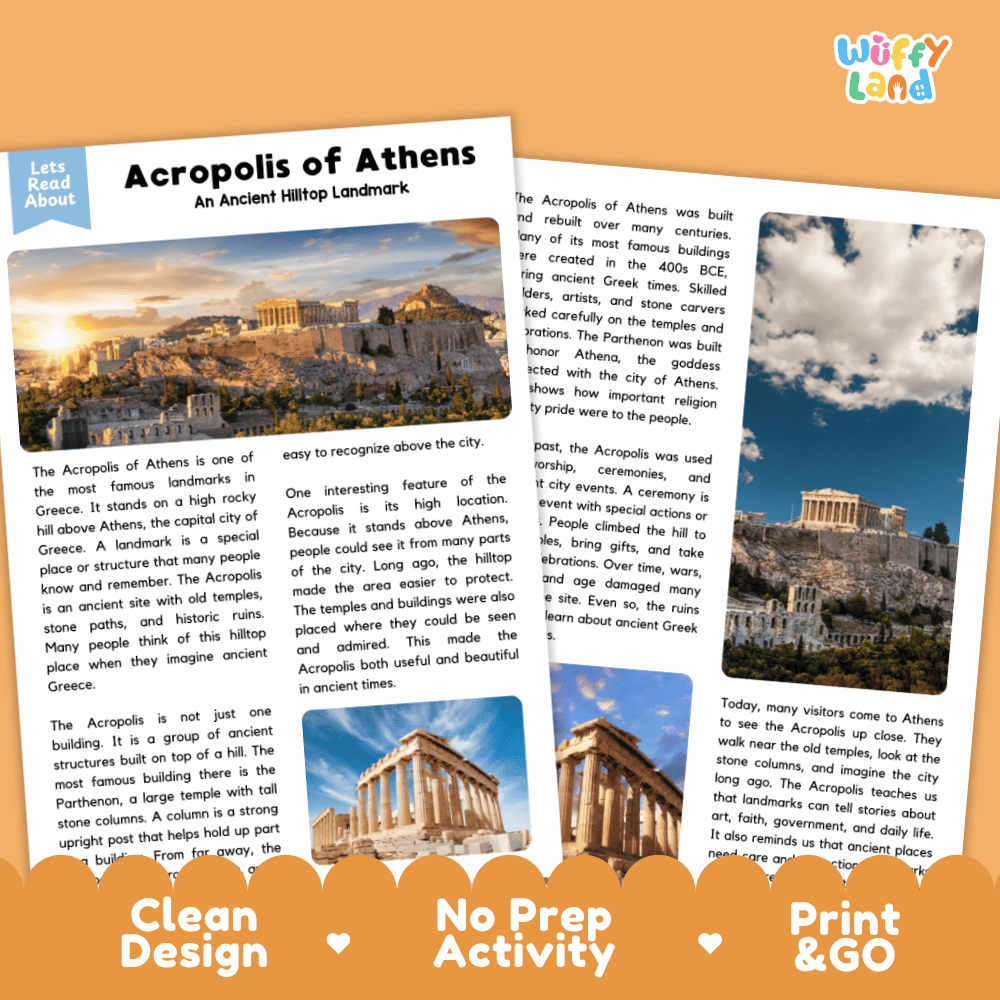 Acropolis of Athens Landmark Reading Passages and Comprehension Worksheets
