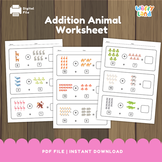 A set of printable “Addition Animal Worksheets” featuring colorful illustrations of animals like goats, rabbits, birds, snakes, camels, frogs, monkeys, and crocodiles. Each worksheet shows visual addition problems with animal groups and blank boxes for students to write the sum. Designed to help children practice addition using engaging animal-themed visuals.