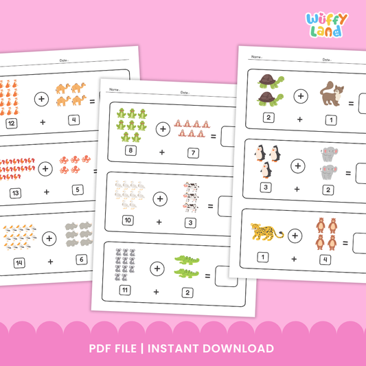 A set of printable “Addition Animal Worksheets” featuring colorful illustrations of animals like goats, rabbits, birds, snakes, camels, frogs, monkeys, and crocodiles. Each worksheet shows visual addition problems with animal groups and blank boxes for students to write the sum. Designed to help children practice addition using engaging animal-themed visuals.