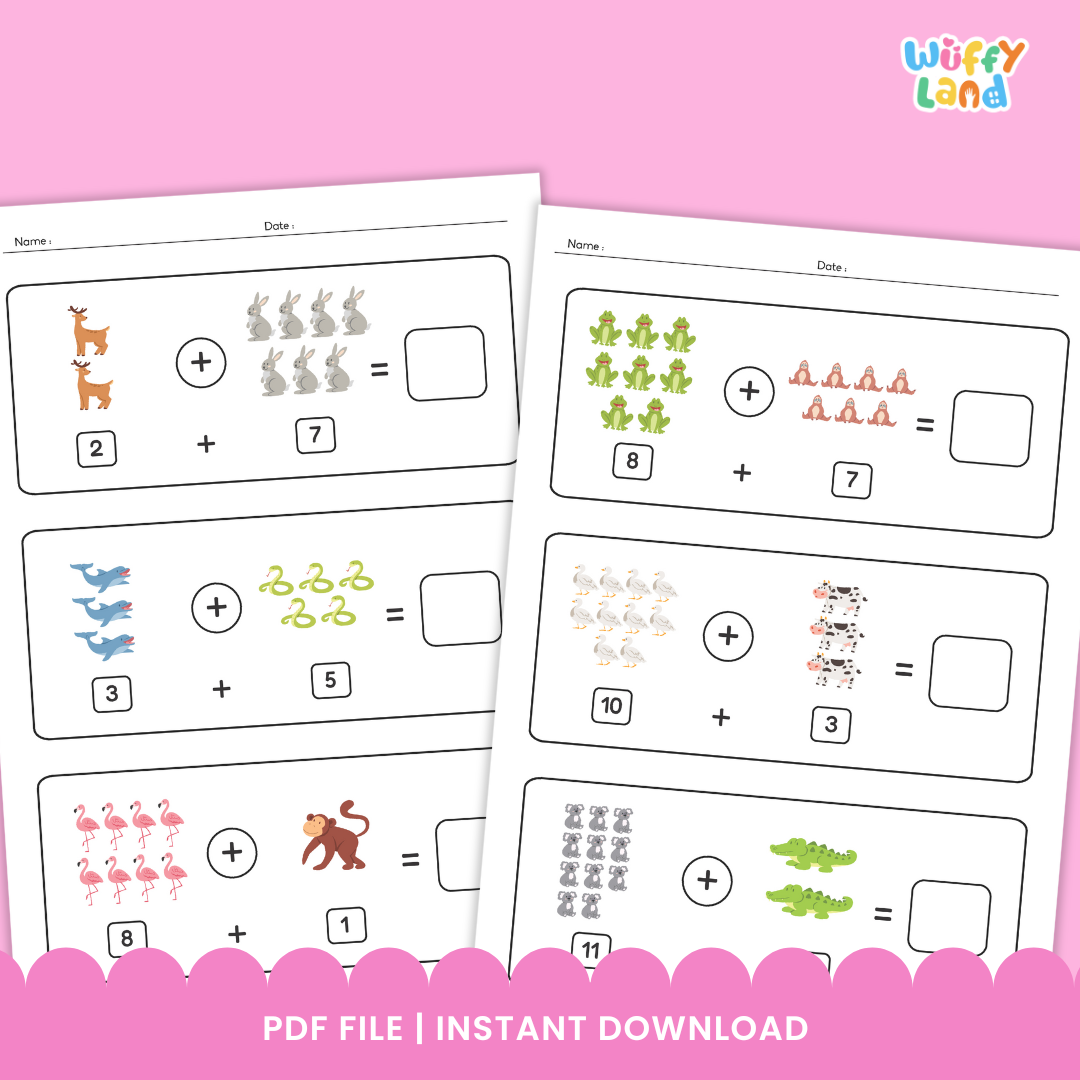 A set of printable “Addition Animal Worksheets” featuring colorful illustrations of animals like goats, rabbits, birds, snakes, camels, frogs, monkeys, and crocodiles. Each worksheet shows visual addition problems with animal groups and blank boxes for students to write the sum. Designed to help children practice addition using engaging animal-themed visuals