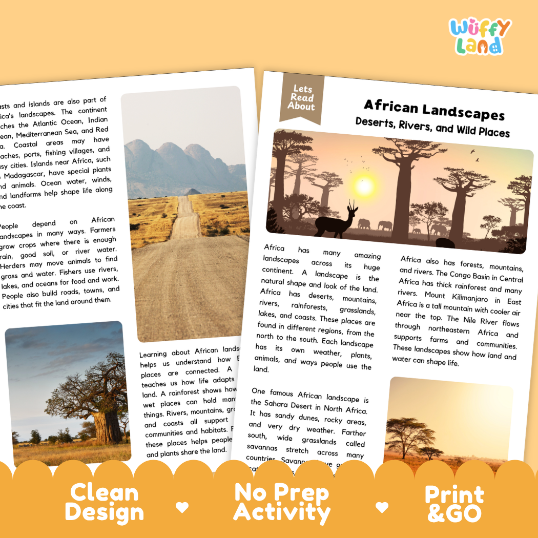 Teacher answer key page showing complete question solutions for African landscapes reading comprehension practice