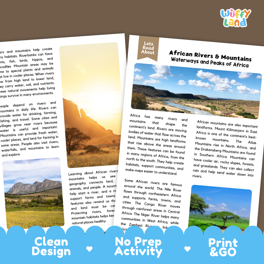 Teacher answer key page showing complete question solutions for African rivers and mountains reading comprehension practice