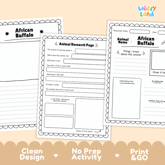 Three printable worksheet pages about African buffalo displayed on a warm beige background with decorative text reading 'Clean Design', 'No Prep Activity', and 'Print & GO'. The pages are white with black printed text and borders, and the brand name 'Wuffy Land' appears in the top right.