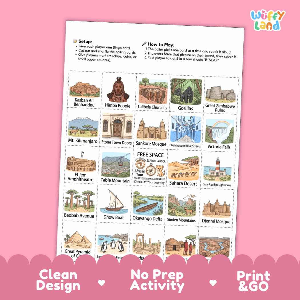African Landmarks Geography BINGO Games Printable Elementary Activity Cards
