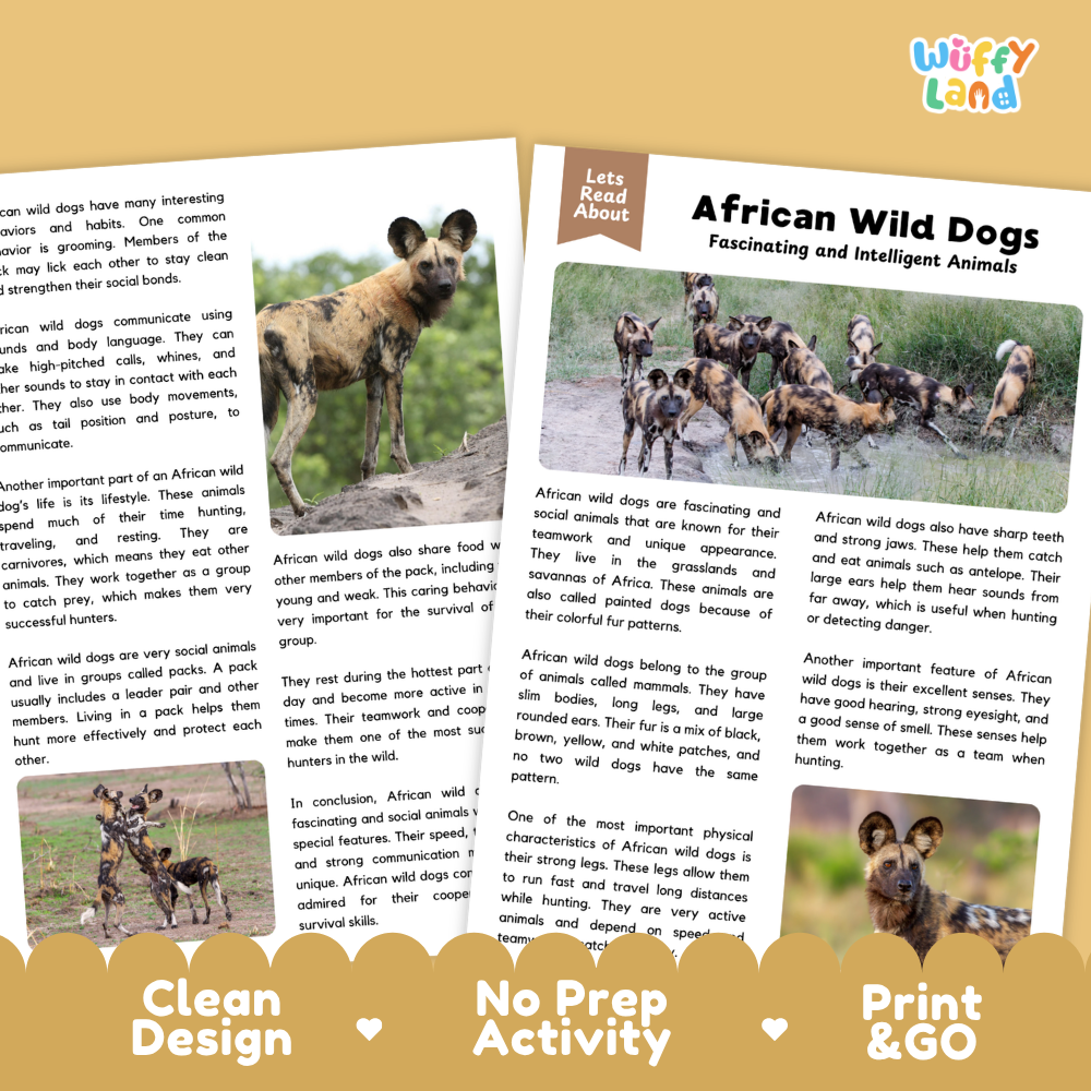 African Wild Dogs Reading Passage and Comprehension Questions with Answer Key Worksheets