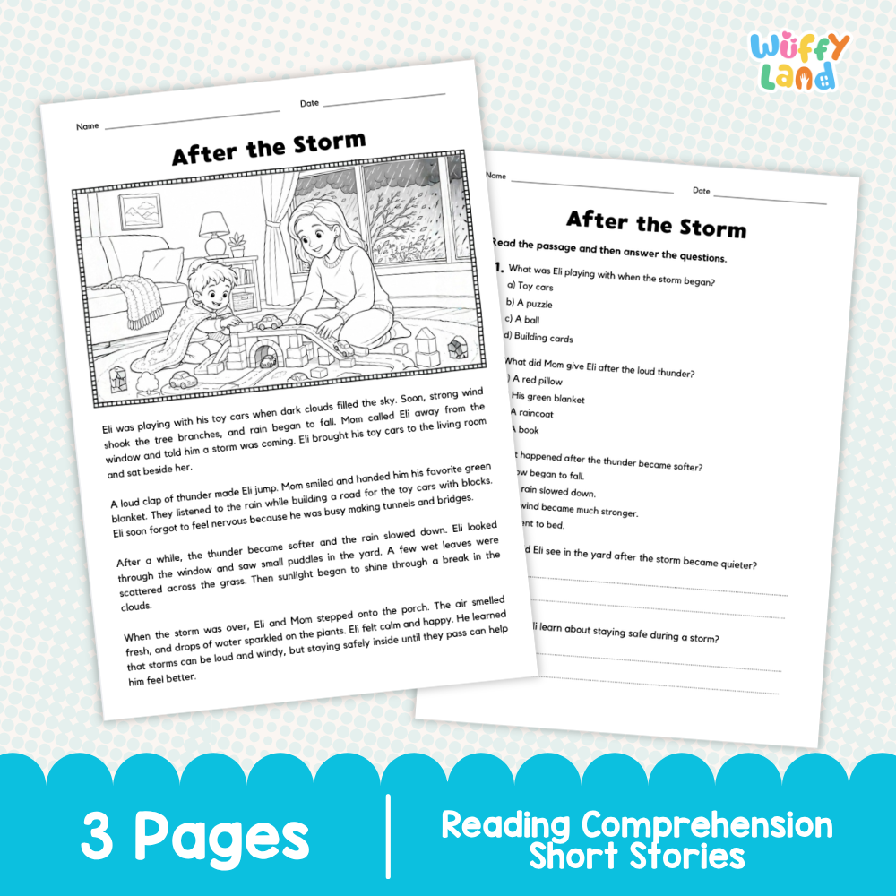 Two printable reading comprehension short story pages titled 'After the Storm' shown on a white background with a blue banner at the bottom reading '3 Pages | Reading Comprehension Short Stories.' The pages include a word bank and short text with illustrated storm clouds and a house.