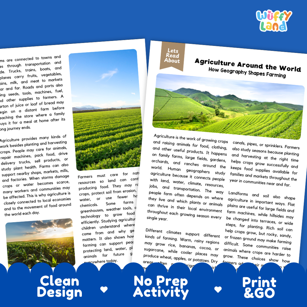 Teacher answer key page showing complete question solutions for Agriculture Around the World human geography and science reading comprehension practice