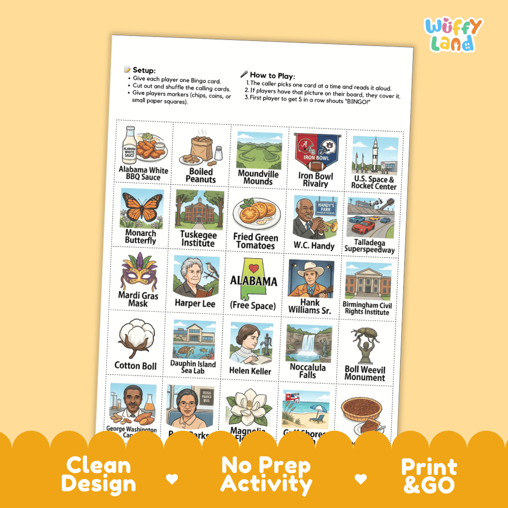Alabama Geography BINGO Game State History and Symbols Activity Printable