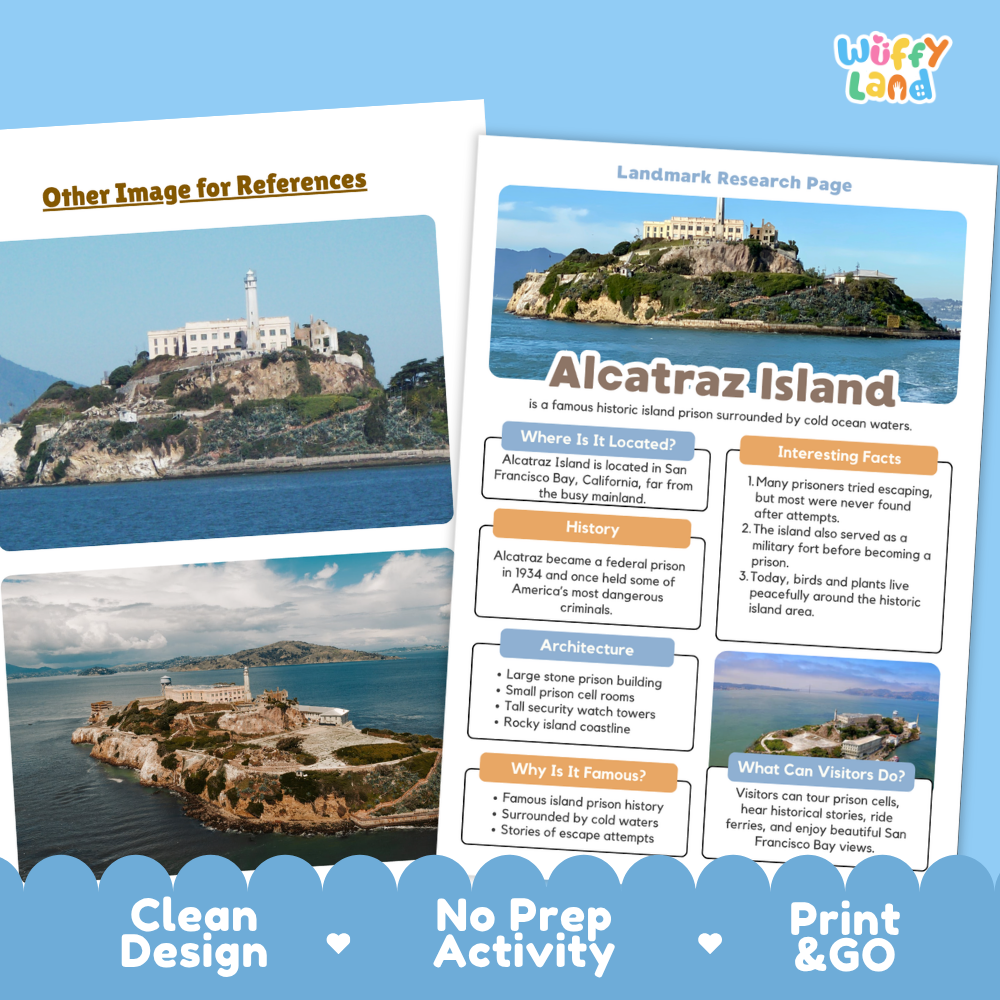 Two printed educational poster pages about Alcatraz Island are shown on a white background with a blue decorative footer. The left page has a large photo of the lighthouse and island, and the right page contains labeled informational panels about location, history, architecture, and visitor info.
