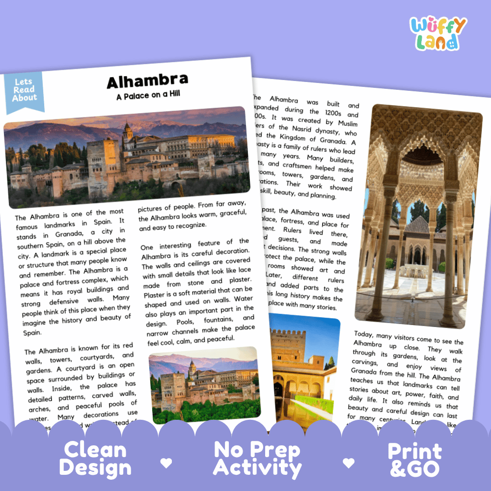 Alhambra Landmark Reading Passages and Comprehension Worksheets