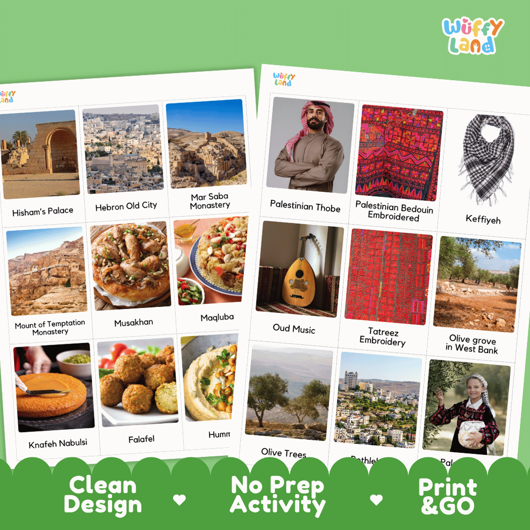 All About Palestine Flashcards Food, Culture and Landmarks Print and Go Worksheets