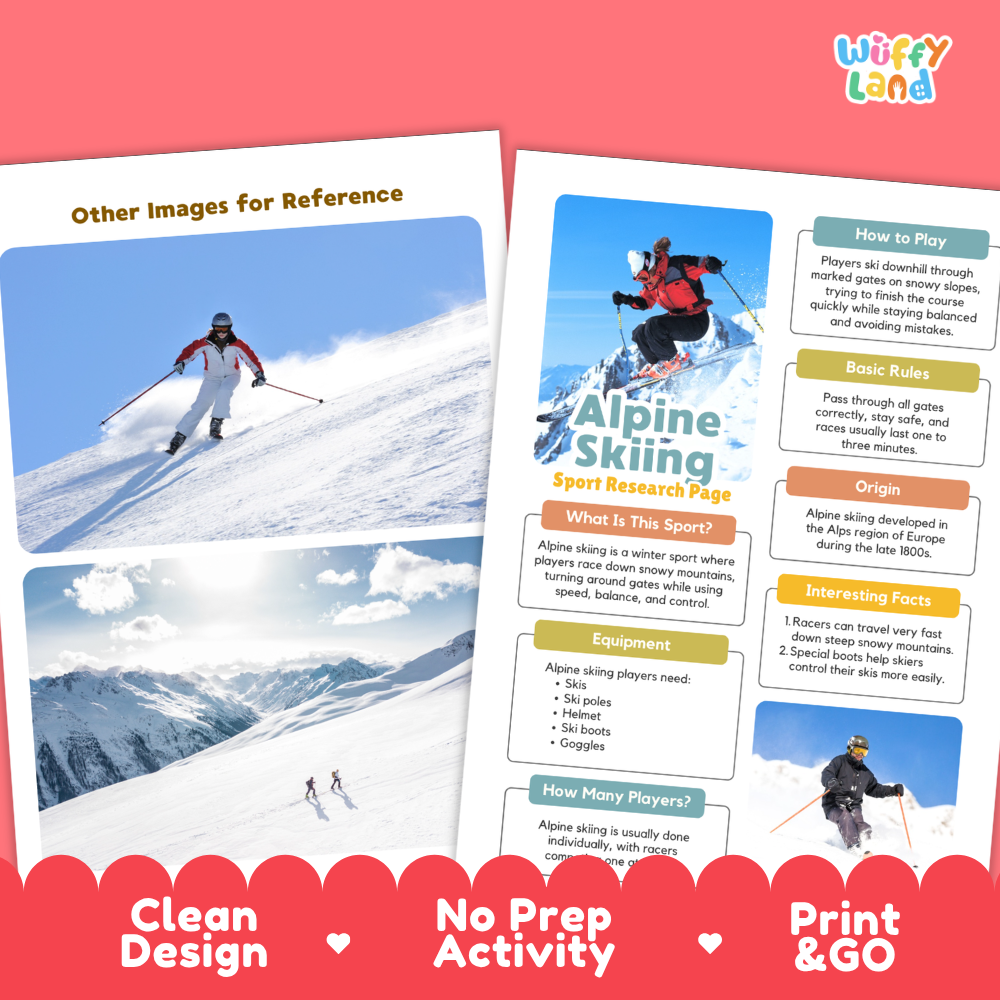 Alpine Skiing Winter Sport Research Project Worksheets and Fact Sheet