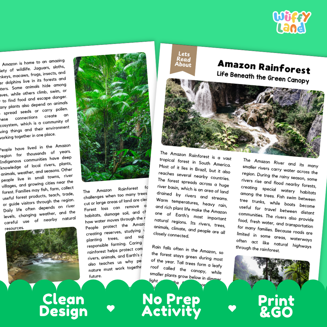 Teacher answer key page showing complete question solutions for Amazon rainforest geography and science reading comprehension practice