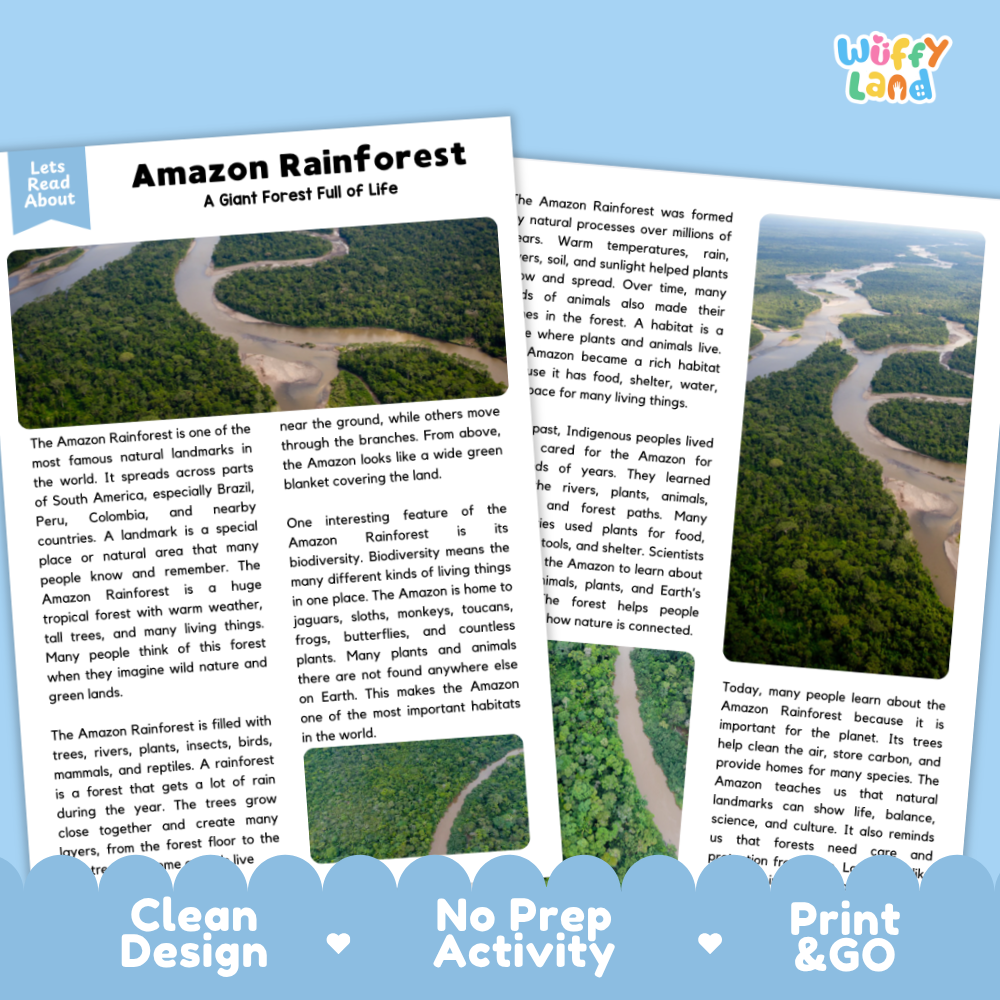 Amazon Rainforest Landmark Reading Passages and Comprehension Questions Worksheets