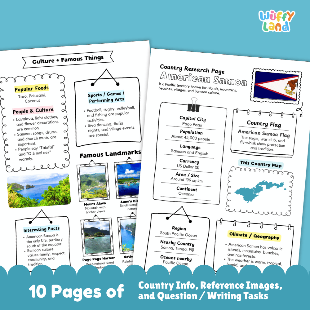 American Samoa Country Research Project Worksheets and Activity Pages