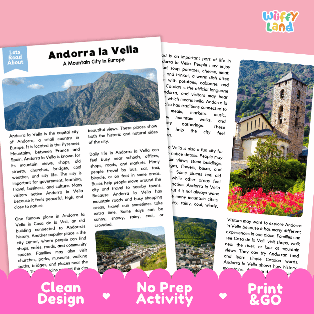 Reference sheet and answer key for Andorra la Vella landmark reading passage displaying completed comprehension answers and European geography facts