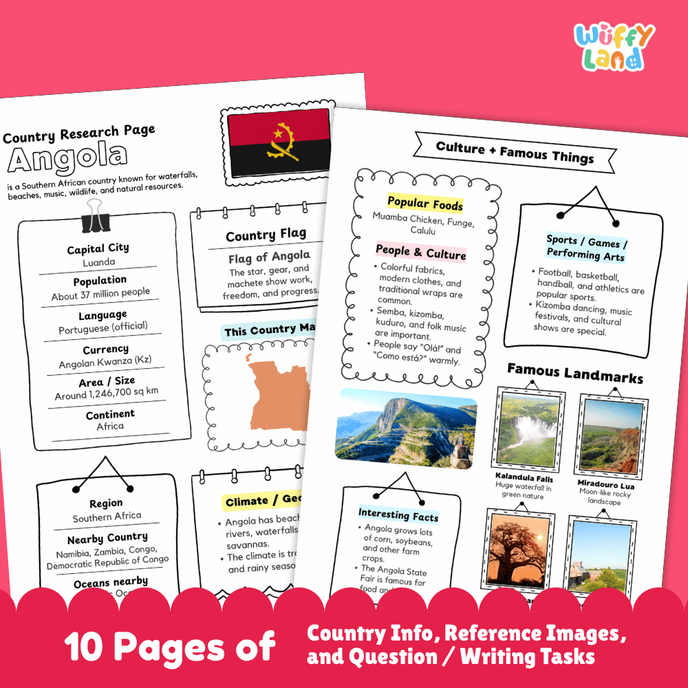Angola Country Research Project Printable Worksheets and Activities