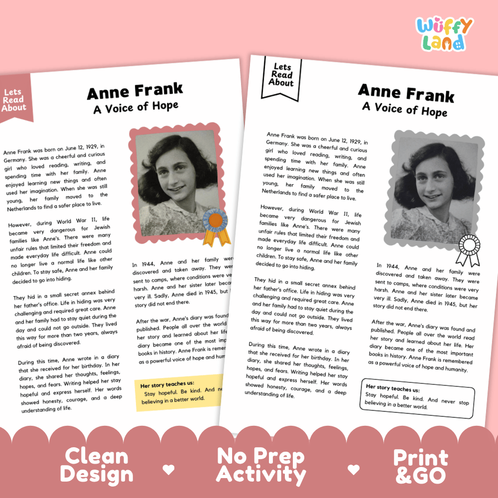 Anne Frank Biography Reading Passage and Writing Activity Worksheets