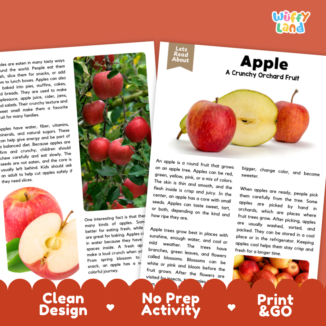 Teacher answer key page showing complete question solutions for Apple nature and science reading comprehension practice