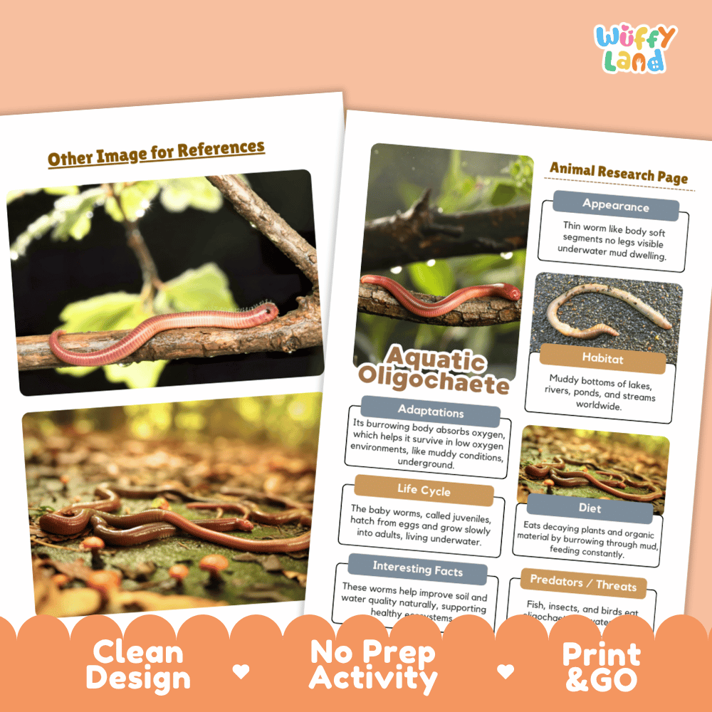 Aquatic Oligochaete Animal Research Page and Worksheets