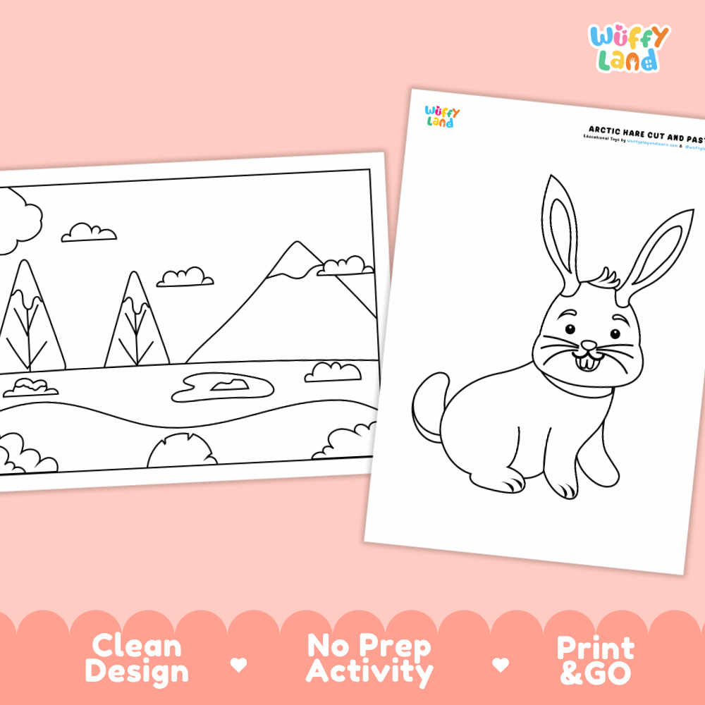 Arctic Hare Cut and Paste Craft and Coloring Activity Worksheets