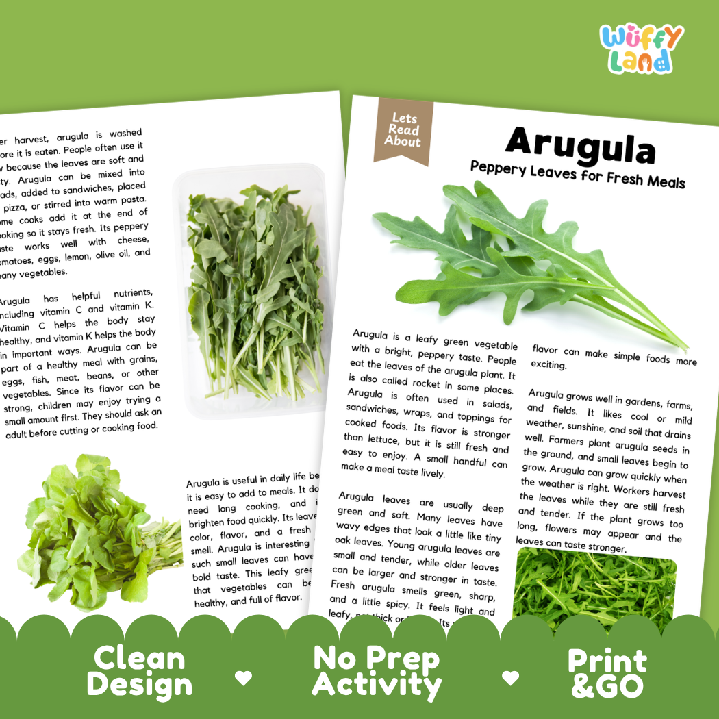 Teacher answer key page showing complete question solutions for arugula reading comprehension practice