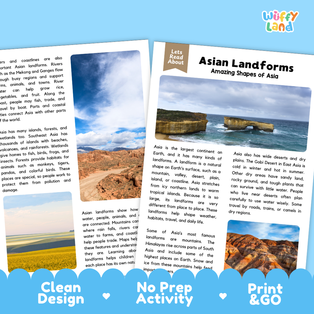 Teacher answer key page showing complete question solutions for Asian Landforms geography and Earth science reading comprehension practice